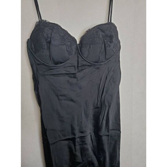 Rumored Negroni Lace Bust Satin Midi Bamboo Open Back Slip Dress Black Romantic - Picture 4 of 9